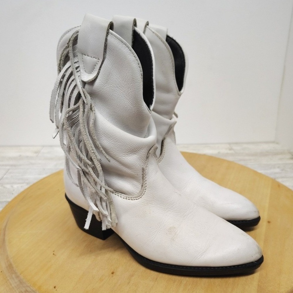 Western Cowgirl Coastal Fringe Cowboy Boots Leather White Kids 11.5M Dingo Vtg
